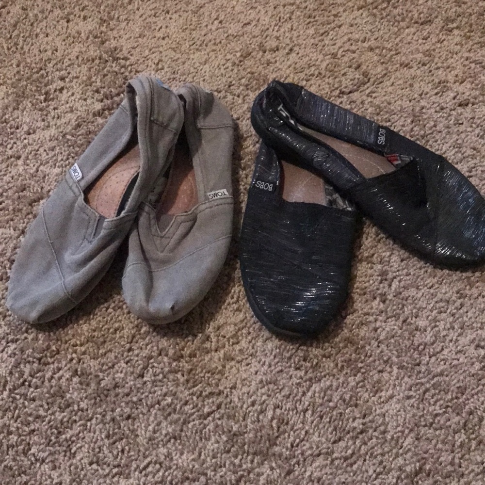 Gray Toms and Sparkly black Bobs